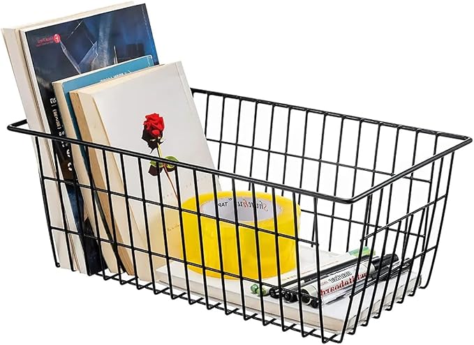 Redrubbit Wire Storage Baskets, Large Farmhouse Metal Freezer Basket Storage Organizer Bins with Handles for Kitchen Cabinets, Pantry, Closets, Bedrooms, Bathrooms, Set of 6, Black