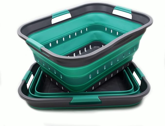 SAMMART 42L (11 gallon) Collapsible Plastic Laundry Basket - Foldable Pop Up Storage Container/Organizer - Portable Basket - Space Saving Hamper/Basket (2, Grey/Turquoise Blue)