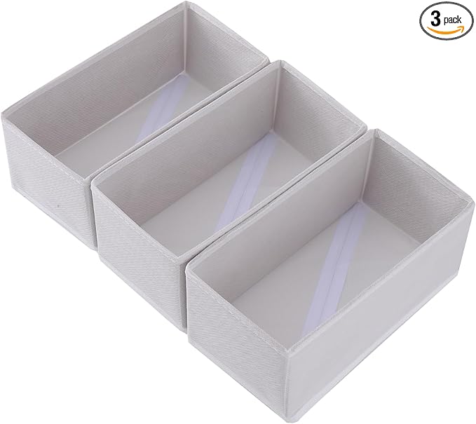 Sock Drawer Organizer 3 Pack - Collapsible Fabric Storage Bins for Underwear Divider, Small Closet Organizers with 3 Compartments, Raw White