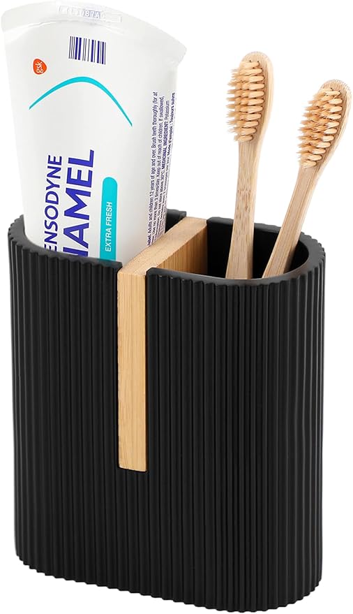 rejomiik Matte Black Toothbrush Holders Electric Toothbrush Holder for Bathrooms, Bamboo Tooth Brushing and Toothpaste Storage Organizer for Sink, Countertop