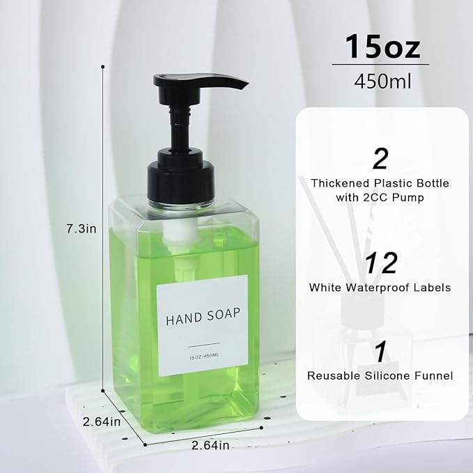 Clear Soap Dispenser with Waterproof Labels, Thickened Plastic Hand Soap Dispenser for Bathroom, Kitchen Dish Washing Liquid Bottles, Shampoo and Conditioner Bottles with Funnel (15oz 2Pack Clear)
