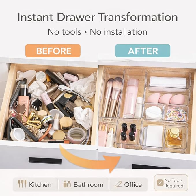 Bathroom Drawer Organizer Trays 13 Piece Clear Drawer Organizer Set, Plastic Organizer Bins for Bathroom, Makeup, Kitchen & Office, Modular In-Drawer Storage System