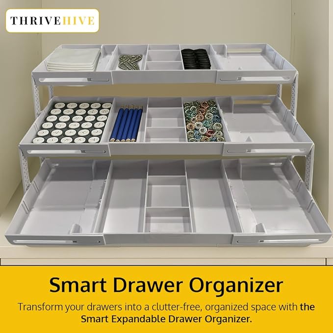 3 Tier Drawer Organizer, Multi Level Smart Drawer Organizer for Desk, Expandable Organizer for Office, Makeup, Jewelry, Kitchen, Folding Storage for Home and Office Drawers - White