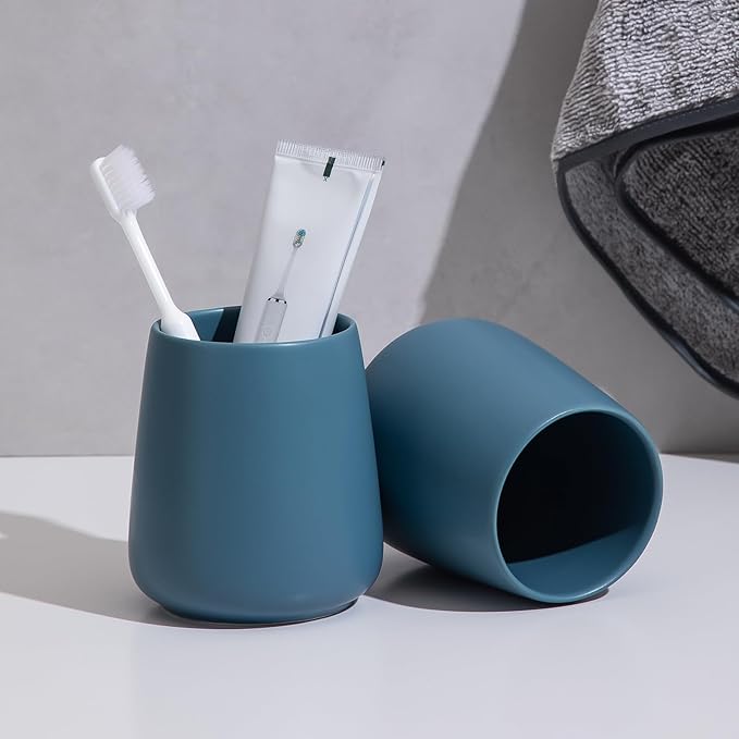Blue Toothbrush Holder for Bathroom - Ceramic Tooth Brushing Holders, Toothbrush Cup, Toothpaste Organizer for Bathroom Countertop, Makeup Brush Holder, Pen Holder for Home Desktop Storage