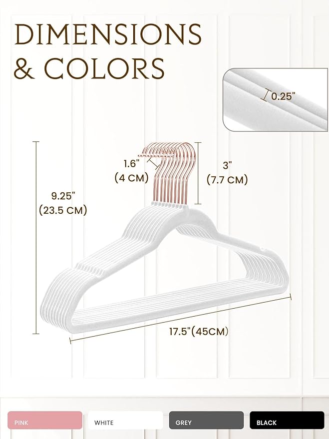 Smartor White Velvet Hangers 50 Pack, Non Slip Clothes Felt Hanger Heavy Duty for Coat, 360° Rotating Rose Glod Hook, Premium Slim Space Saving Hangers for Closet Organizer and Storage
