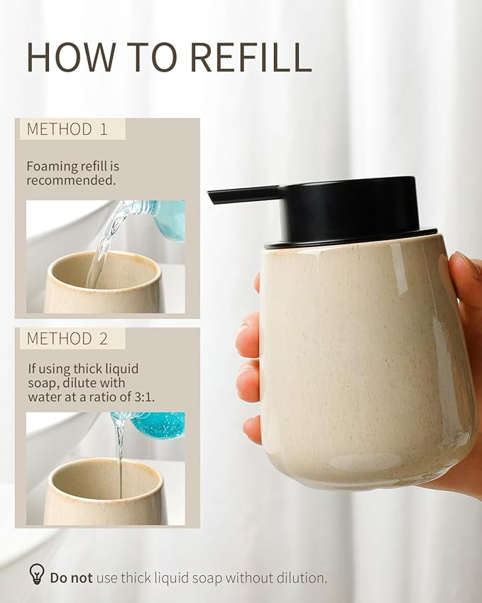 BosilunLife Foam Hand Soap Dispenser - 12 oz Bathroom Hand Pump Dispenser Foaming Soap Dispenser Ceramic Dish Liquid Dispenser for Kitchen, Greige with Speckle