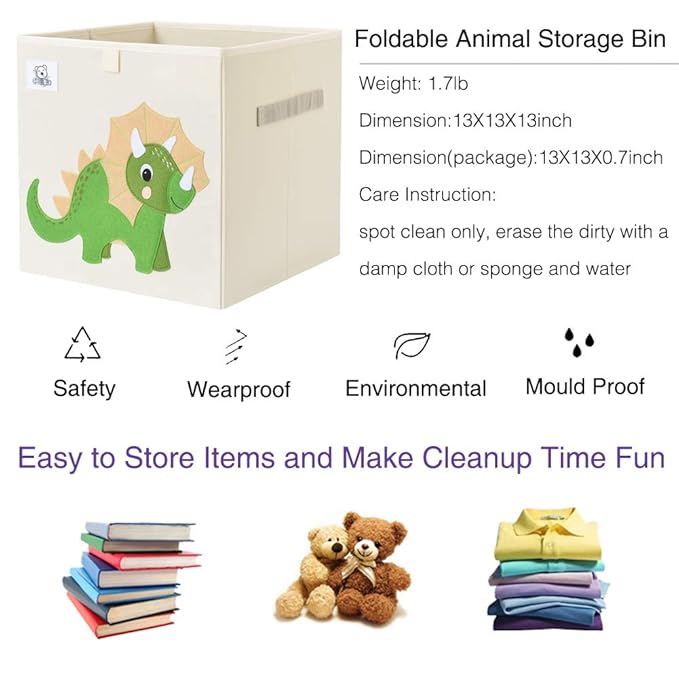 CLCROBD Foldable Animal Cube Storage Bins Fabric Toy Box/Chest/Organizer for Toddler/Kids Nursery, Playroom, 13 inch (Triceratops)