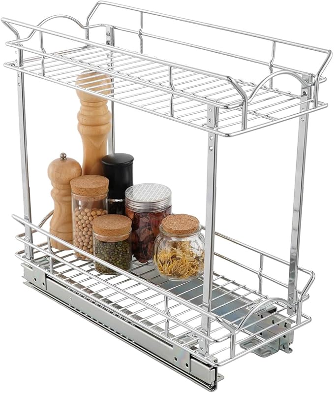 OCG Slide Out Cabinet Organizer for Narrow Cabinet (9" W X 17" D), 2 Tier Pull Out Shelves Slim Sliding Cabinet Organizer and Storage, Chrome