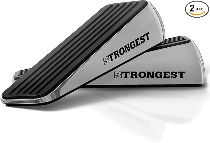 Strongest Home Heavy Duty Door Stopper Wedge (2 Chrome PCs) | Non-Slip Rubber and Metal Door Stop for Heavy Doors | Work on Wood, Tile, Carpet + 2 White Wall Protectors