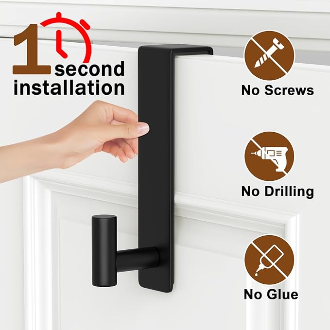 VINHOLD Heavy Duty Stainless Steel Over-Door Hook for Coats, Totes, Towels – Easy Install Door Hooks with Non-Slip Pads for Bedroom Bathroom Entryway Office (Black, 2 Pack, Fits 1-3/4" Thick Door)