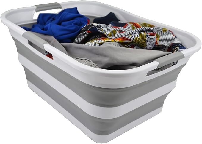 SAMMART 42 (11 Gallons) Collapsible Plastic Laundry Basket, Foldable Pop Up Storage Container/Organizer, Space Saving Hamper, Portable Bin for Dorm Room Bathroom (1, White/Grey)