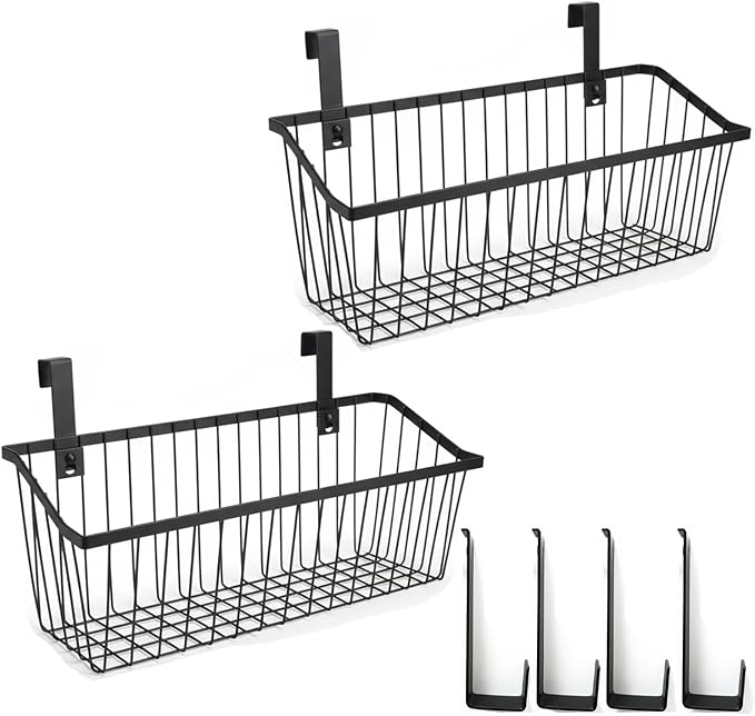 LeleCAT Grid Storage Baskets with Hooks, Over Cabinet Door Organizer, Wire Basket Hanging Storage Organizer, Kitchen Bathroom Organizer (Black, Extra Large)