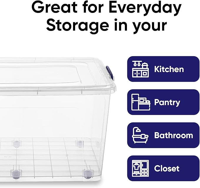 Superio Storage Containers With Wheels (3 Pack), Opaque Clear Stackable Large Storage Containers With Lids, Durable Latches (85 Quart)