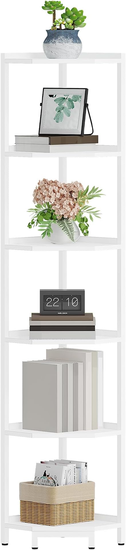 Corner Shelf Stand, Corner Bookshelf, Storage Standing Shelf Unit with Metal Frame, Plant Stand, Bookcase for Living Room, Home Office, Bedroom, 6-Tier White CS06013W