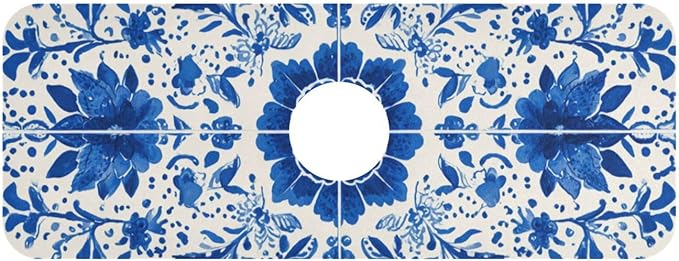 Kitchen Sink Splash Guard 1 PC 14.7 Inch Sink Faucet Mat Splash Guard for Bathroom Countertop Water Absorbent Foldable Cuttable Soft Washable Floral Blue and White Tile