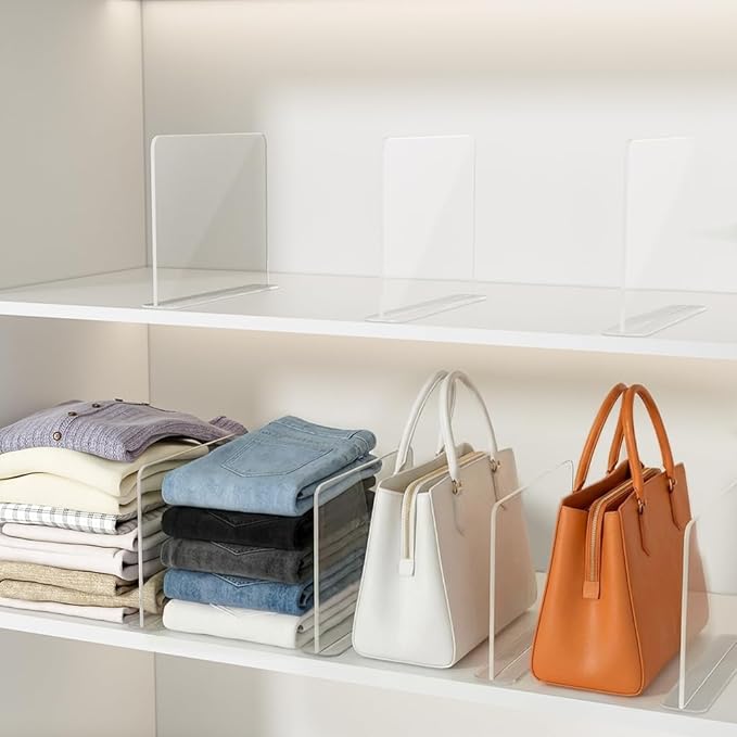 Purse Organizer for Closet Shelf Dividers: 4 Pack Acrylic Clear T-shaped Vertical Shelves Separators - Durable Space Saver Easy to Install - Bag Storage Organizer for Handbags, Clothes, Sweater, Towel