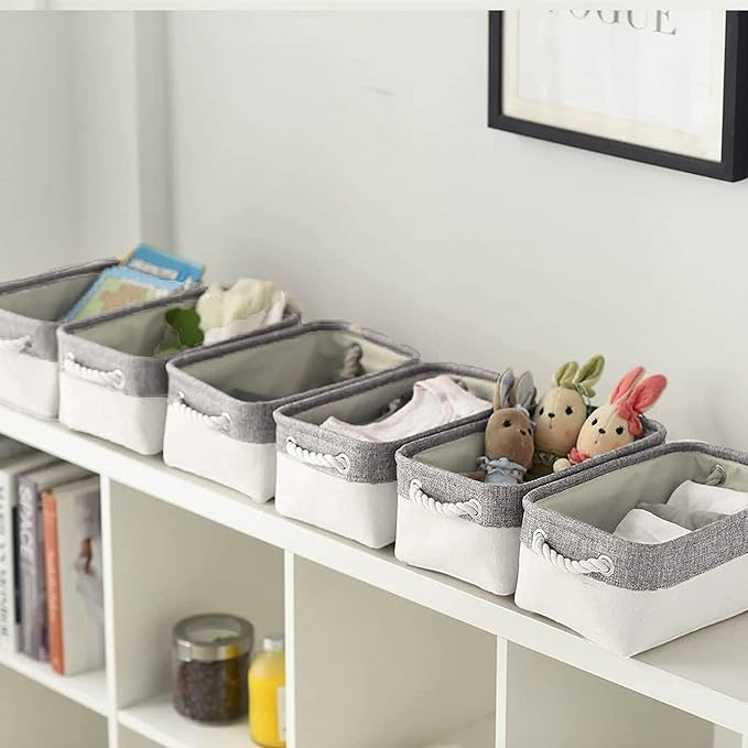 Sacyic Storage Bins - Storage Baskets for Shelves Storage Cubes with Handles Small Baskets for Organizing (Gray and White 11.8 x 7.9 x 5.2 inch)