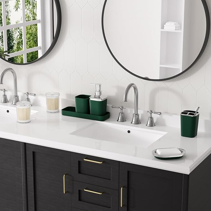 Dark Green Bathroom Accessories Set, Green Bathroom Set with Trash Can, Toothbrush Holder, Toothbrush Cup, Soap Dispenser, Soap Dish, Toilet Brush Holder, 2 Qtip Holder Dispensers and Tray