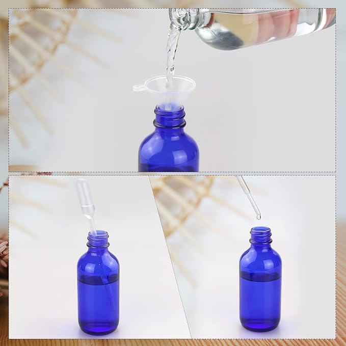 Wedama Mini Glass Spray Bottles 2 oz, Empty with Funnel Dropper, Fine Mist for Hair, Travel, Plants, Cleaning Solutions and Skin Care (4 Pack Blue)