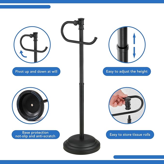 RUMOSE Toilet Paper Holder Stand for Floor,Matte Black Adjustable (12.4" to 22.8") Bathroom Toilet Tissue Holder, Free Standing Toilet Paper Roll Holder with Storage, Stainless Steel