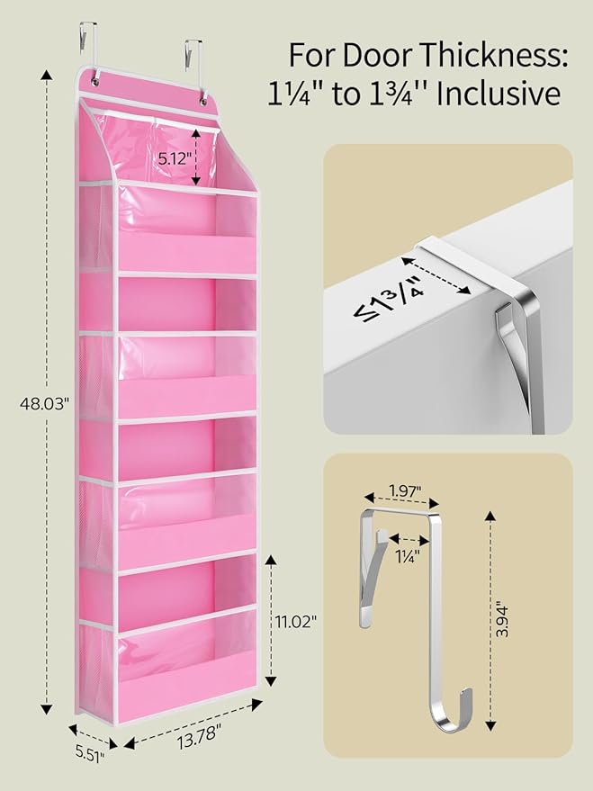 Yecaye 5 Tier Over the Door Organizer, Swing-proof Door Organizer Hanging with Clear PVC Windows, Behind the Door Storage for Bedroom Nursery Closet Laundry Pantry Bathroom, Bubblegum Pink