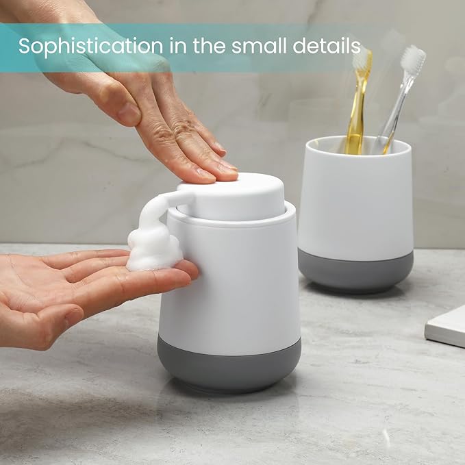 White Bathroom Countertop Accessories Set - Soap Dispenser and Toothbrush Holder with Silicone Boot,Vanity Tray (White Foam)