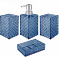 Bathroom Accessory Set, Grid Pattern 4 Pcs Plastic Bathroom Set Include Soap Dispenser, Soap Dish, Toothbrush Holder, Mousewash Cup, Modern Bahtroom Décor Set, Space Save for Bathroom(Dark Blue)