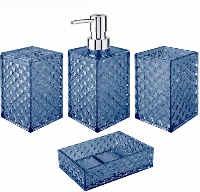 Bathroom Accessory Set, Grid Pattern 4 Pcs Plastic Bathroom Set Include Soap Dispenser, Soap Dish, Toothbrush Holder, Mousewash Cup, Modern Bahtroom Décor Set, Space Save for Bathroom(Dark Blue)
