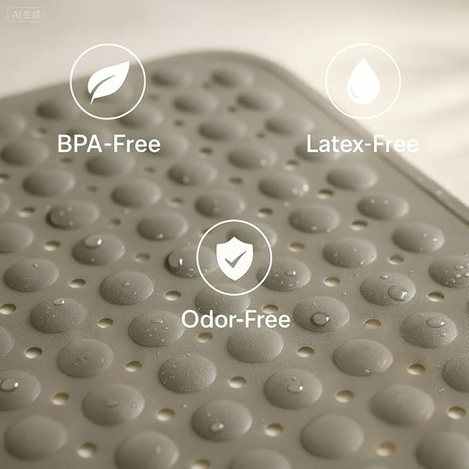 Bath and Shower Safety Mats 27.5x15 inch, Non Slip with Strong Suction Cups for Bathroom Stall and Tub Floor, Extra Large and Machine Washable, Drain Holes Keep Bathtub Clean, Soft on Feet, Grey