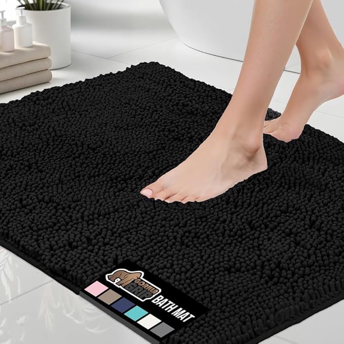 GORILLA GRIP Bath Rug Mat 42x24, Thick Soft Absorbent Chenille, Quick Dry Microfiber Mats, Rubber Backing Washable Shower Floor Rugs, Bathmat Runner, US Designed Bathroom Home Decor Accessories Black