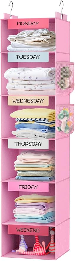 VERONLY Weekly Hanging Closet Organizer for Kids, 6-Shelf Clothes Storage with Labeled Days of The Week Monday Through Friday, Weekday and Weekend, Days of The Week Clothes Organizer