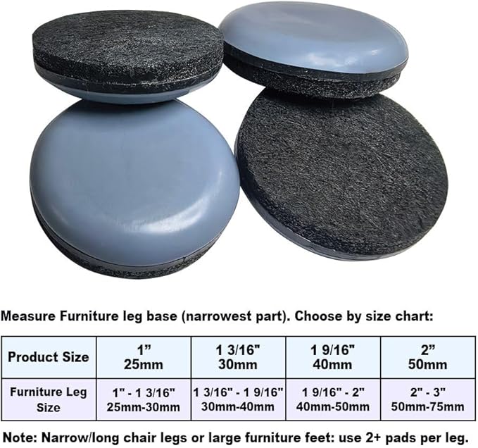 No Lost Pads! Chair Leg Glides (Felt Base) for Thick, Thin & Plush Rugs – Easy Glide, No Wrinkles, Chair Feet, Not Adhesive Backing | 30mm (1.2") Round, 24 Pcs