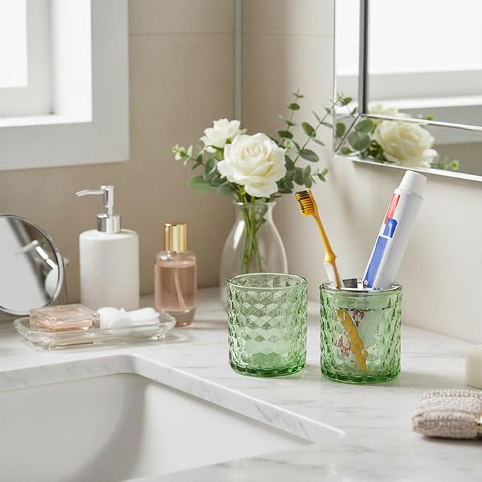 2pcs Toothbrush Holders for Bathrooms,Glass Toothbrush Holder and Bathroom Tumbler Set,Toothbrush and Toothpaste Holder with Divider,Bathroom Toothbrush Cup Holder (Green and Silver)