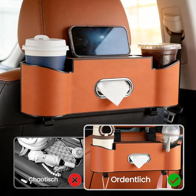 Back Seat Car Organizer with Cup Holder, 2026 New Backseat Car Organizer Back Seat, Multifunctional Car Seat Back Organizer Storage Box with Hooks & Tissue Box, for Drinks, Phone & Handbags (Orange)