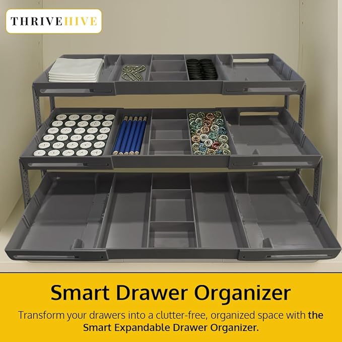 3 Tier Drawer Organizer, Multi Level Smart Drawer Organizer for Desk, Expandable Organizer for Office, Makeup, Jewelry, Kitchen, Folding Storage for Home and Office Drawers - Gray