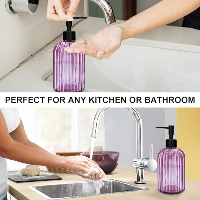 Pack of 2 Glass Soap Dispenser with Black Pump, 400 ml Refillable Pump Dispenser for Kitchen, Bathroom, Laundry Room, Liquid Glass Bottle for Washing Up Liquid, Shampoo, Conditioner (Purple)