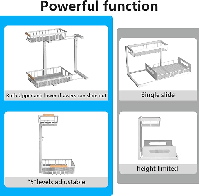 Under Sink Organizers,5 Adjustable Height，Metal Pull Out Under Sink Organizers and Storage Shelves with Sliding Drawer, White 1pack（Hight 13.6″-16.9″）