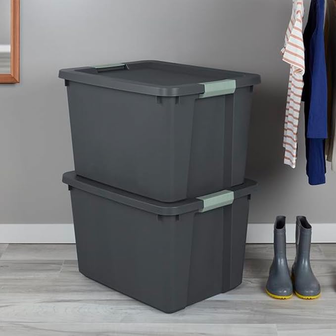Sterilite 24 Pack 20 Gallon Latch Tote, Stackable Plastic Storage Bin Container, Gray/Green