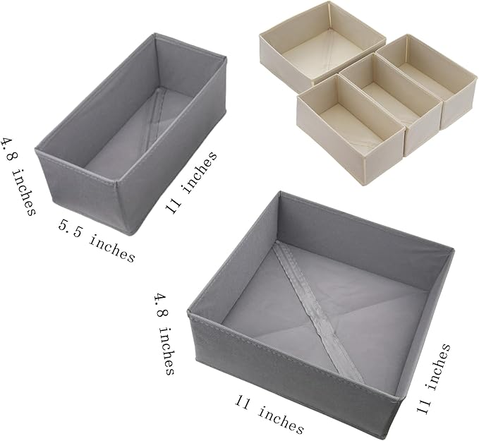 Drawer Organizer Set of 4 Beige - Fabric Storage Bins for Clothes, Underwear, Socks & Bras - 11" Dresser Dividers for Bedroom Closet