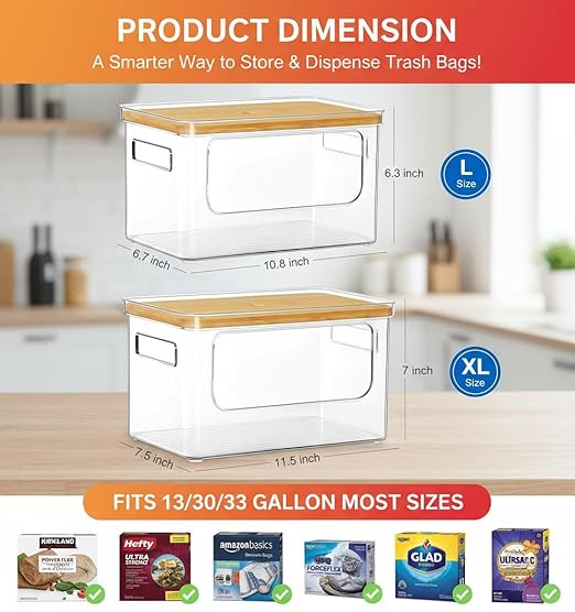 2 Pack Stackable Trash Bag Dispenser with Wooden Top for Large & Extra-Large Rolls – Garbage Bag Holder for 13-33 Gallon Bags – Trash Bag Dispenser Under Sink with Anti-Slip Base for Rolls Storage