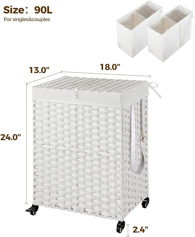 Greenstell Laundry Hamper with Wheels, No Install Needed, 90L Divided Handwoven Hampers & 2 Removable Liner Bags, Rattan Clothes Laundry Basket with Lid & Handles, Foldable Hampers White