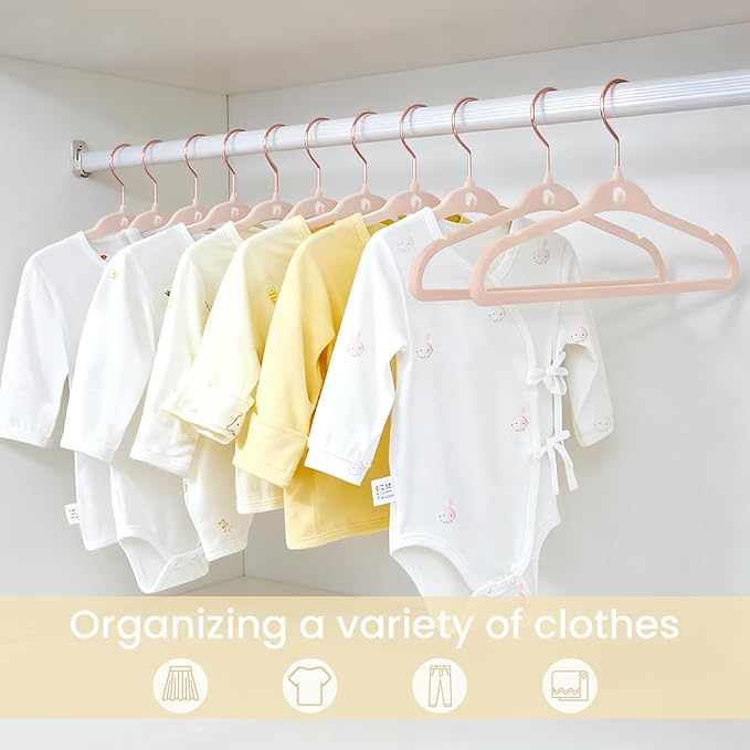 Kids Velvet Hanger 50 Pack, 11 Inch Baby Hangers with 10 Clips, Premium Non-Slip Newborn & Toddler Clothes Hangers with 360° Rose Gold Swivel Hook & Space-Saving Stackable Design, Pink