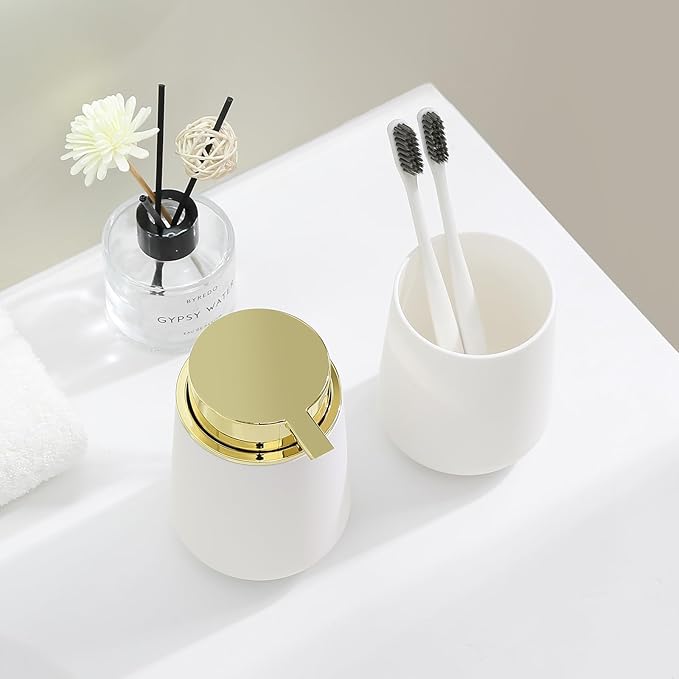 White and Gold Bathroom Accessories 2 Piece Set Plastic Soap Dispenser and Toothbrush Holder for Modern Bathroom Decor