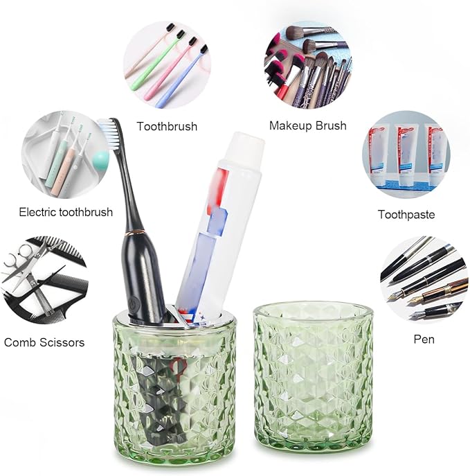 2pcs Toothbrush Holders for Bathrooms,Glass Toothbrush Holder and Bathroom Tumbler Set,Toothbrush and Toothpaste Holder with Divider,Bathroom Toothbrush Cup Holder (Green and Silver)