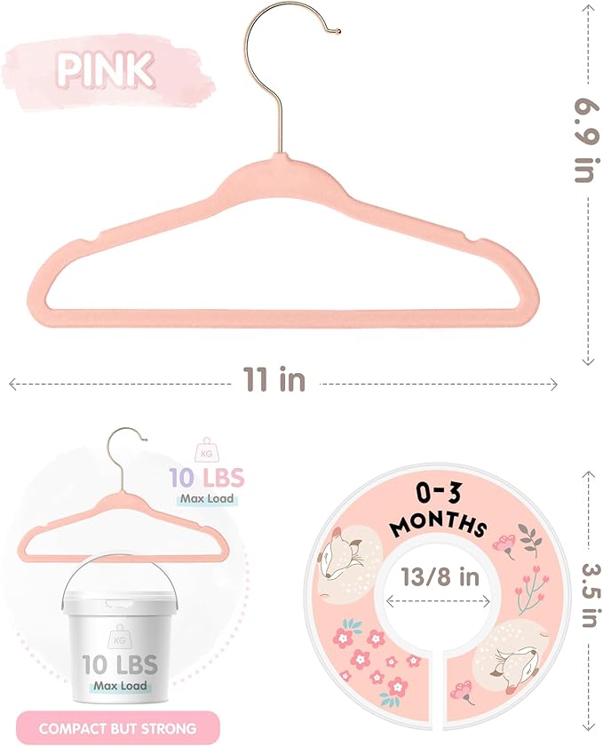 VIS'V Baby Hangers, 11 Inch Velvet Kids Hangers with 6 Pcs Clothes Size Dividers, Infant Toddler Nursery Closet Organization, Non Slip, Pink, 50 Pcs