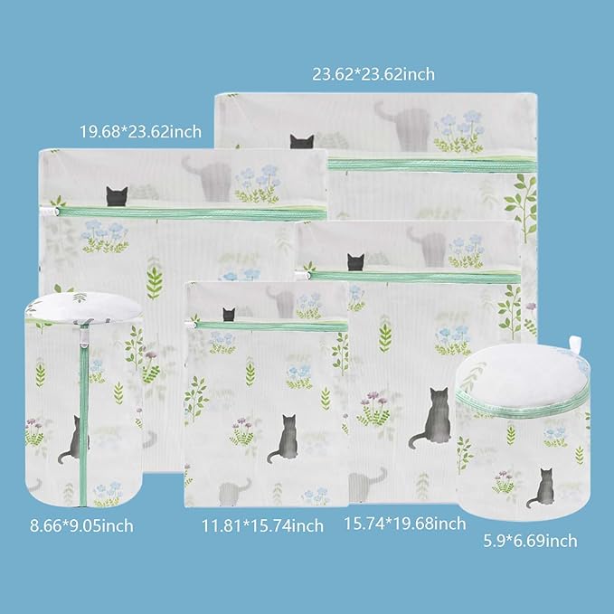 6-Pack Mesh Laundry Bag, Durable Polyester Washing Bags for Delicates, 6 Sizes (XL/L/M/S/Cylindrical/Bra), Protect Blouses Hosiery Baby Clothes, Secure Zipper (Mr. Cat)