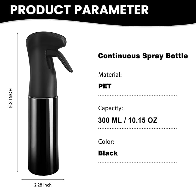 Spray Bottle for Hair (10.15OZ /300ML) Continuous Ultra Fine Mist Sprayer for Hair, Salons, Barber, Plants, Skin Care, 1 Pack Pure Black
