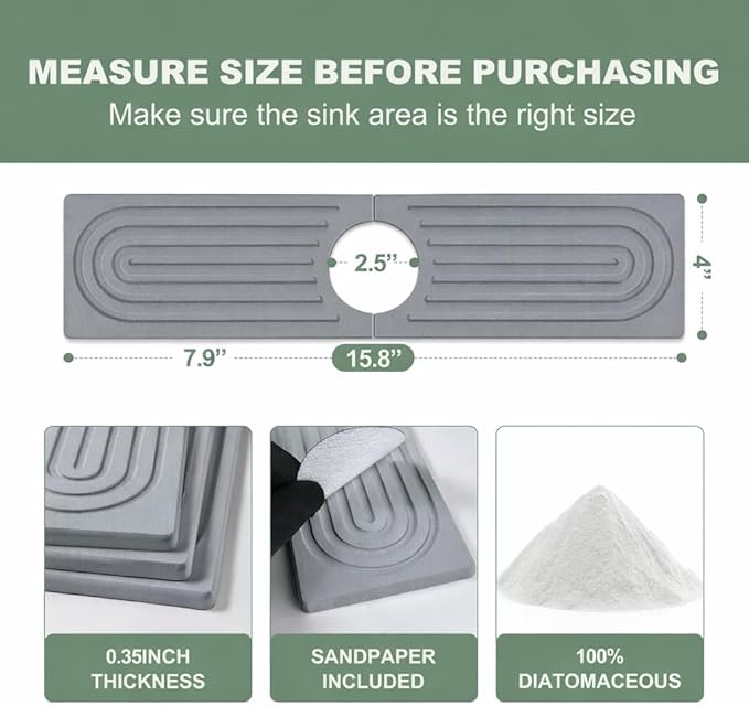 Meiliweser Faucet Mat for Kitchen Sink, Diatomite Quick Drying Stone Mat & Sink Protector, 15.8" x 4" Kitchen Sink Splash Guard, Absorbing Stone Tray for Bathroom Counter (Dark Gray)