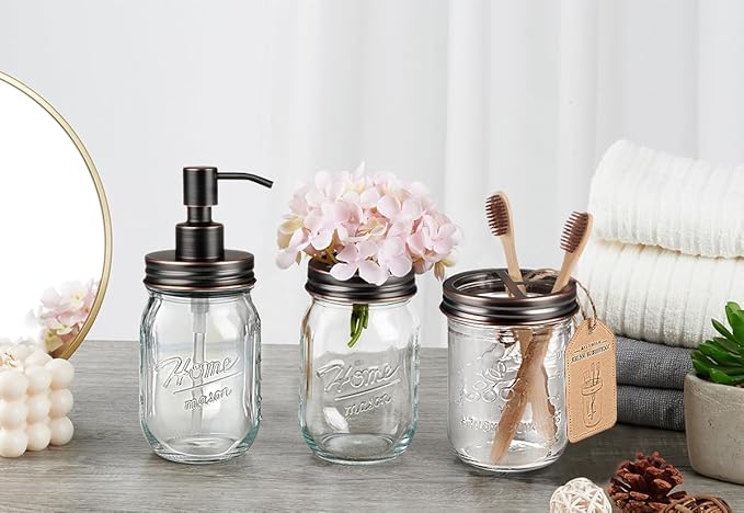 SheeChung Mason Jar Toothbrush Holders, Glass Toothbrush Holders for Bathroom, Bathroom Essentials, Mason Jar Bathroom Accessories Set, Bathroom Countertop Organizer-Oil Rubbed Bronze