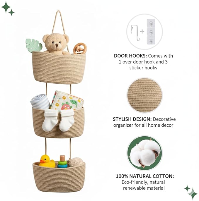 Britwicfr Over the Door Organizer, 3-Tier Hanging Storage Basket with Hooks, Cotton Back of Door Organizer for Living Room, Bedroom, Boho Wall Decor, Toy Storage, Jute